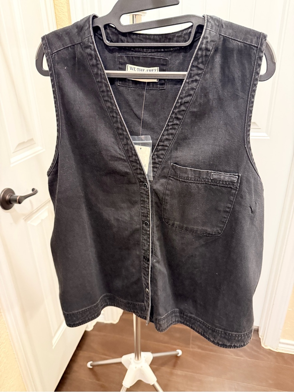 We The Free Black Denim Button-Front Vest with Chest Pocket NWT